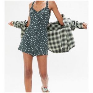 URBAN OUTFITTERS Floral Ruffle Button-Front Green Romper